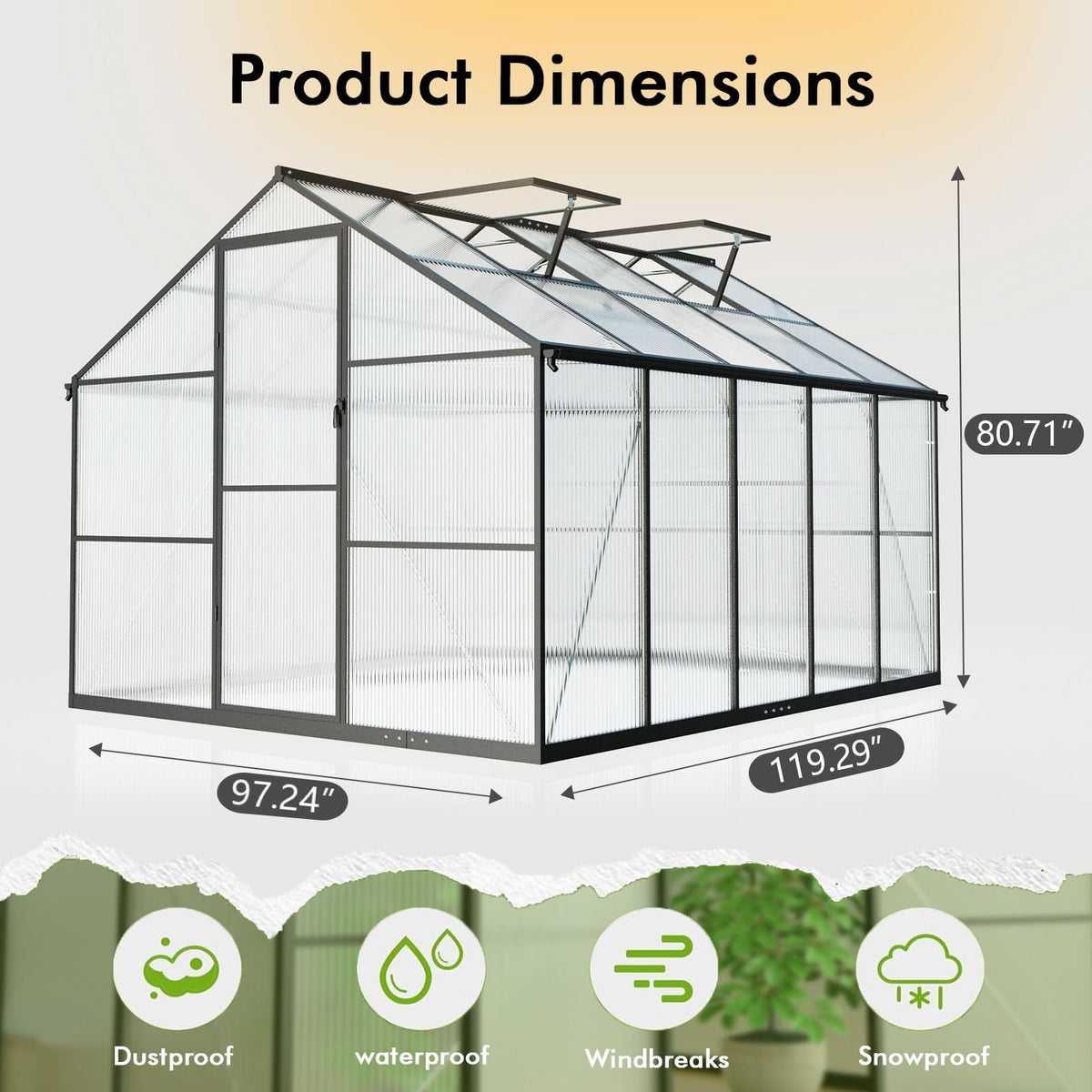 8X10FT Enhanced Aluminum Walk-in Greenhouse for Outdoors with Thermometer