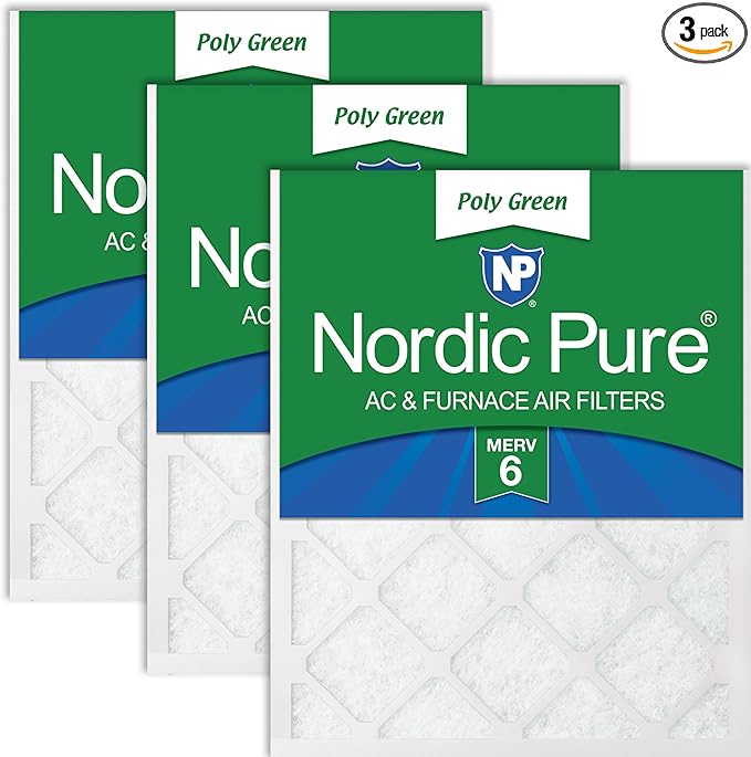 Nordic Pure 16x20x1 (Actual Size: 15 1/2 x 19 1/2 x 3/4) Poly Green MERV 6 AC Furnace Air Filters – Reduces Dust, Pollen, Pet Dander & Allergens – 3-Pack