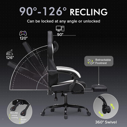 GTPLAYER Gaming Chair with Footrest, High Back Computer Chairs for Adults with Linkage Armrest Lumbar Support Heavy Duty 350lbs Ergonomic Swivel PC Game Chair for Office, White