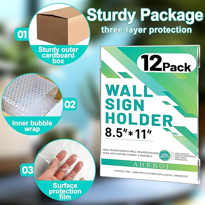 Aheroi Acrylic Sign Holder 8.5 x 11, 12 Pcs Clear Document Frame with Adhesive Tape, No Drilling Plastic Wall Mount 8.5 x 11 Acrylic Hanging Frame Plastic Sign Holder for Office Business Menu Store