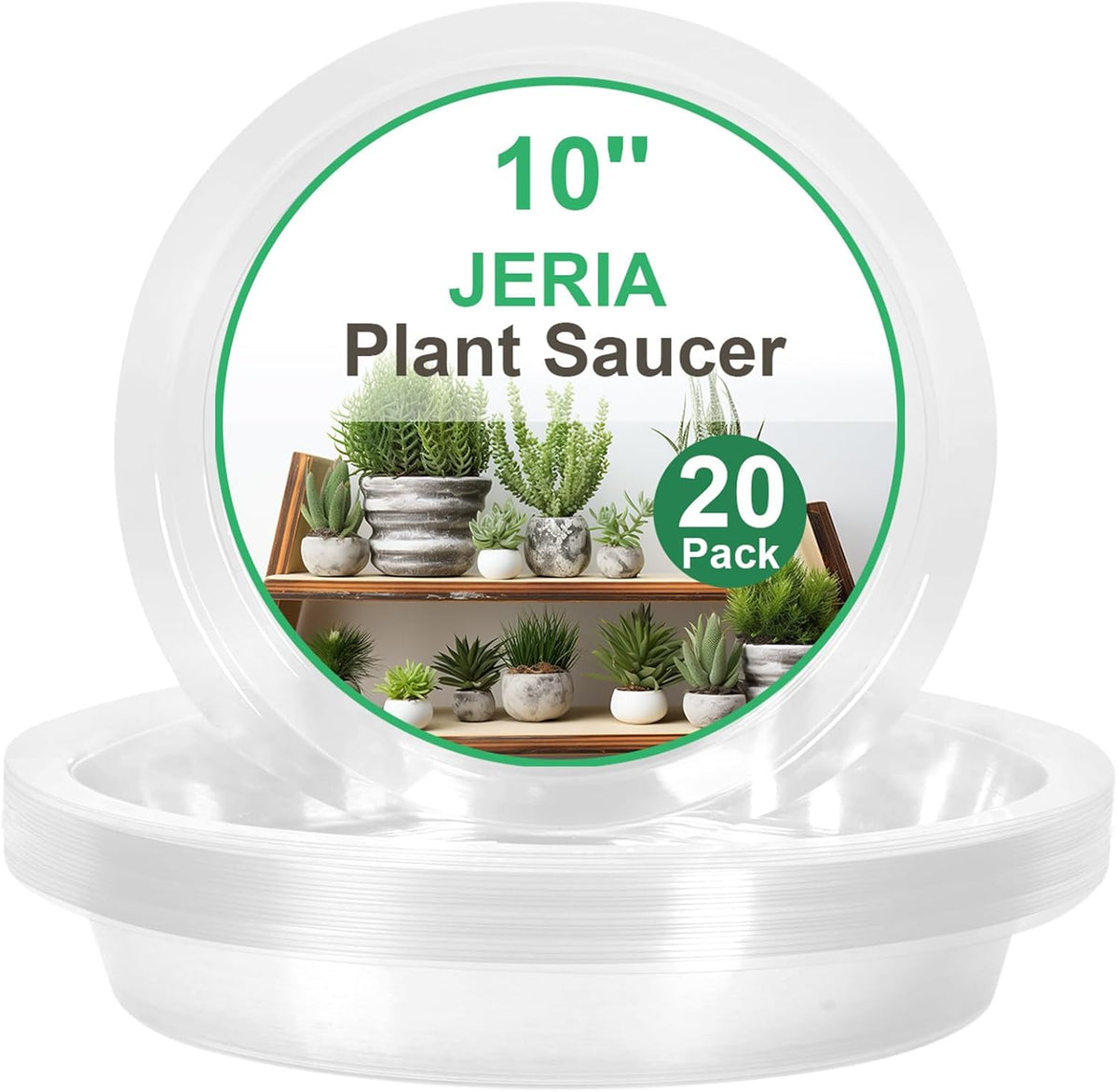 JERIA 10 Inch 20 Pack Clear Plant Saucers,Plastic Flower Pot Trays,Round Durable Plant Drip Trays for Indoor and Outdoor