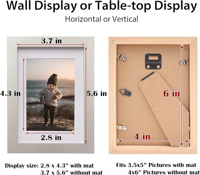 KINLINK 4x6 Picture Frame Light Grey, Solid Wood Frames with Acrylic Plexiglass for Pictures 3.5x5 with Mat or 4x6 without Mat, Tabletop and Wall Display Photo Frame, Set of 4