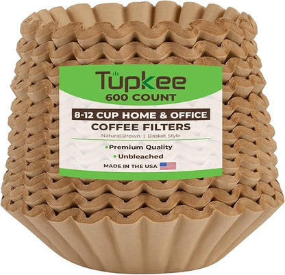 Tupkee Coffee Filters 8-12 Cups - 600 Count, Basket Style, Natural Brown Unbleached Coffee Filter, Made in the USA