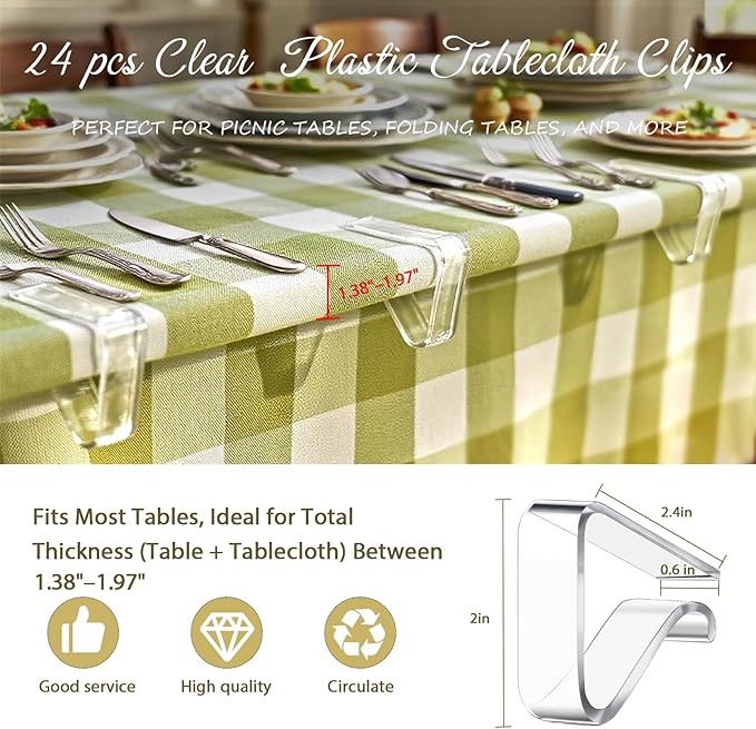 24 Pcs Clear Table Cloth Holder Clips for Thick Tables, Plastic Tablecloth Clips for Outdoor Tables, Picnic Table Cover Clips Clamps for Wind, Table Cloth Clips for Party Camping Christmas Birthday L