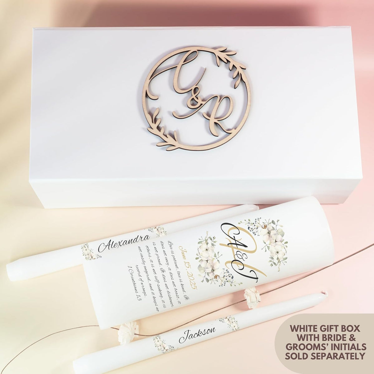 Unity Candles for Wedding, Modern Unity Set, Custom and Personalized Pillar and Taper Candles with Bible Quote, Unscented White Premium Wax, Religious and Wedding Ceremony, Special Events (Camellia)