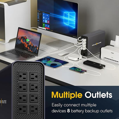 GOLDENMATE 1000VA/800W Lithium UPS Battery Backup & Surge Protector, Backup Battery Power Supply with LiFePO4 Batteries(230.4 Wh), Sinewave UPS System, 10 Years Lifespan, 8 Ports, LCD Display, Gray