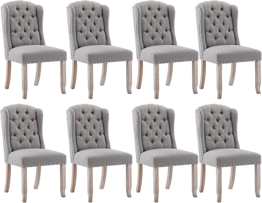 Ya-Home Modern Tufted Dining Chairs Set of 8, Upholstered Kitchen Room Side Chairs Accent Chairs with Wingback Nail Trims Wood Legs, Farmhouse Guest Chairs for Dining Room, Living Room, Linen Grey