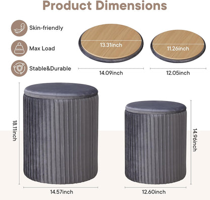 DUMOS Round Ottoman with Storage Set of 2, Vanity Stool Chair with Storage, Makeup Cute Soft Small Footstool Modern Style Coffee Table, Small Velvet Foot Stool for Living Room Bedroom Dorm, Deep Grey