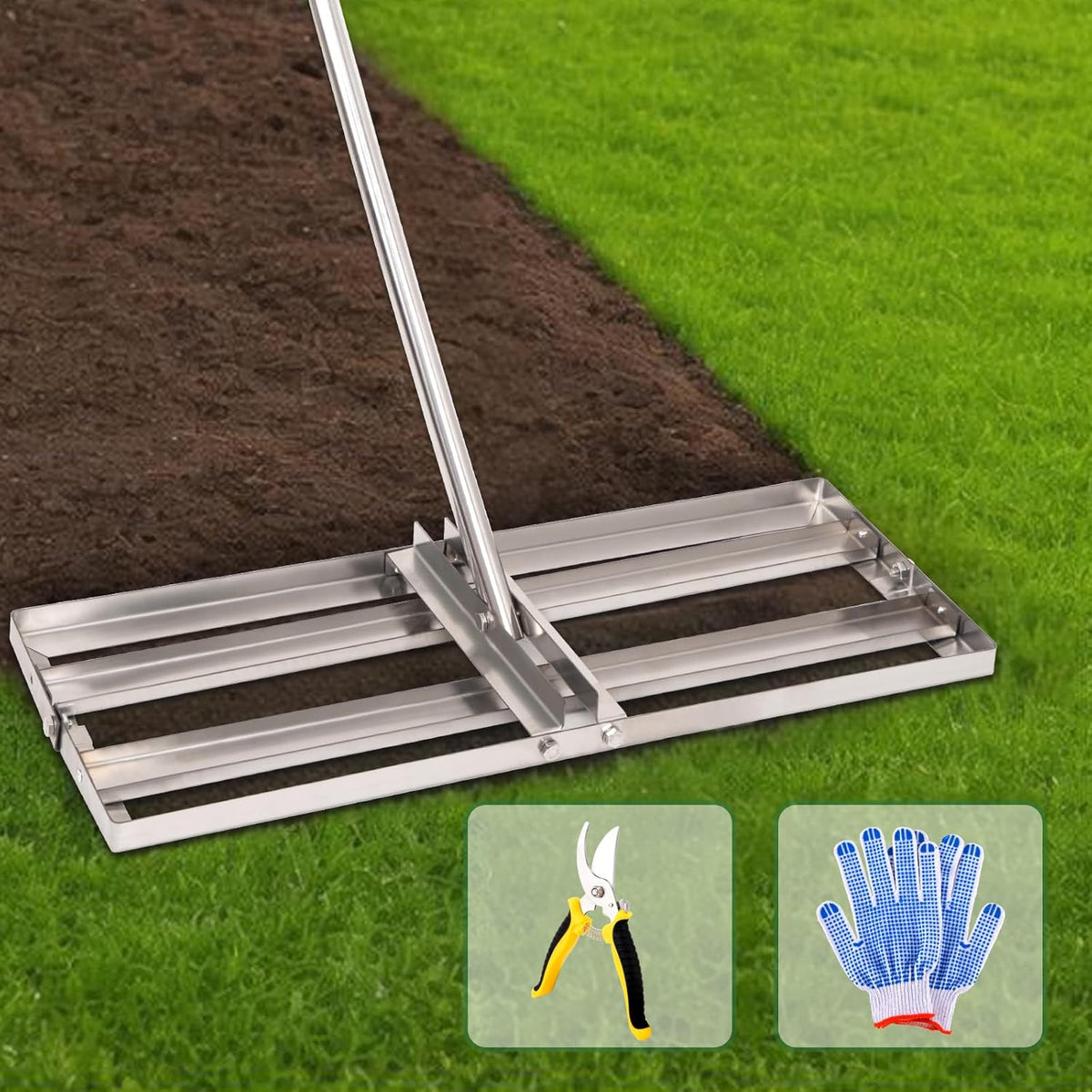 Lawn Leveling Rake - 30'' x 10'' Stainless Steel Lawn Leveler, Heavy Duty Ground Plate Rake for Yard, with Adjustable 72'' Long Handle, Effort Saving Lawn Level Tool for Farm, Garden, Golf Lawn