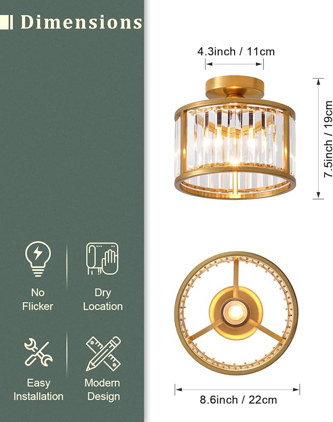 Black Flush Mount Ceiling Light, 2- Light Caged Crystal Chandelier, Small Drum Hallway Light fixtures Ceiling Mount (8.6 INCH Brass Gold（1-Light）)