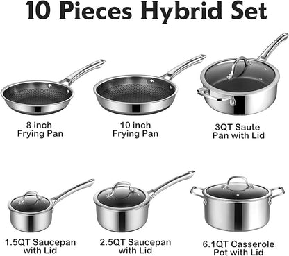 SNOWCLAD Pots and Pans Set Non Stick, 10 Pcs Hybrid Stainless Steel Cookware Sets, Non Stick Frying Pans, Saucepans, Saute Pan & Stock Pot, PFOA Free Kitchen Skillet,Induction Compatible