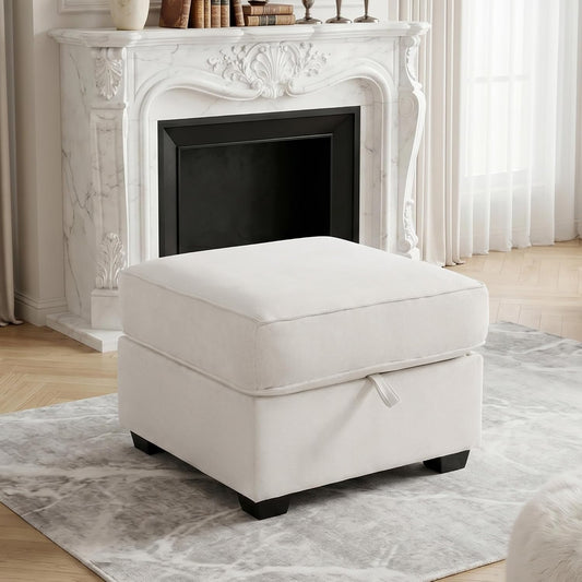 25.2" Storage Ottoman for Sofa, Modern Square Footrest with Removable Chenille Cover, Step Stool for Bedroom, Living Room, Beige