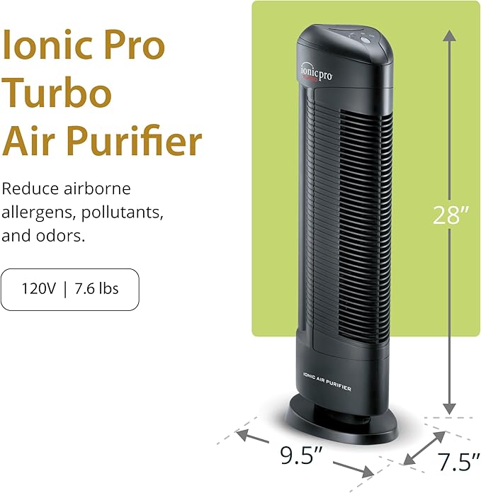 Ionic Pro Turbo (TA550) Ionic Air Purifier Tower for Home, Quiet Ionic Filterless Design, Covers Up to 500 Sq. Ft., Removes Odors, Smoke, Dust, and Allergens – Black
