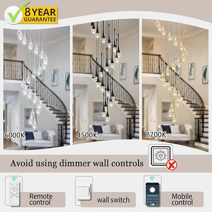 Staircase Chandelier 42-Lights Crystal Ceiling Lights Adjustable Length 197inches Large Chandeliers for High Ceilings, Entryway Lighting Fixture Black