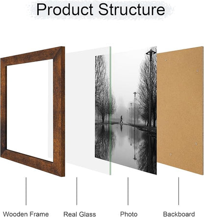8x10 Picture Frame Set of 4, High Definition Glass 8 x 10 Frame, Wood Rustic Photo Frames for Horizontal or Vertical Display Tabletop and Wall Mounting