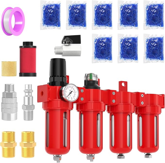 1/4" NPT Industrial Grade 4 Stage Aluminum Air Drying System, Coalescing Filter, Particulate Filter, Double Desiccant Dryer and Air Regulator,Manual Drain For Plasma Cutter and Paint Spray