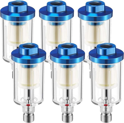 Pack of 6 Small Water Oil Separator Filter 1/4 Inch NPT Inlet and Outlet Air Compressor Moisture Filter Airbrush Water Separator for Spray Paint Air Line Compressor Fitting, Blue