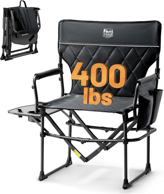 TIMBER RIDGE 400lbs Heavy Duty Camping Chair Portable Directors Chair | Folding Camp Chair with Side Table & Pocket Compact Size for Outdoor, Lawn, Sports and Fishing, Black