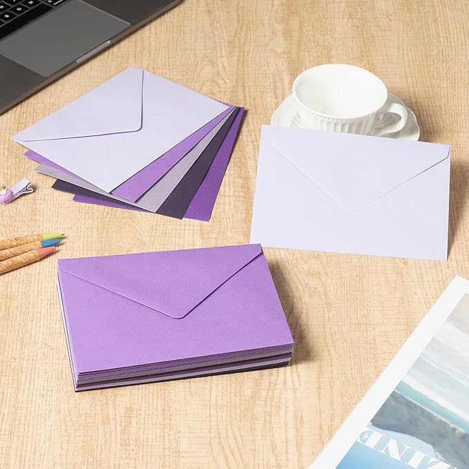 50 Pack Colored A6 Invitation Envelopes 4x6 with Gold Stickers for Cards and Invitations, 5 Colors (Purple, 6 1/2 x 4 3/4 inches)