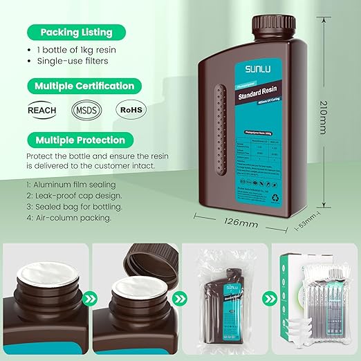 SUNLU 3D Printer Resin 1kg, Fast Curing Standard 3D Resin for LCD DLP SLA Resin 3D Printers, 395 to 405nm UV Curing 3D Printing Liquid Photopolymer Resin, Low Shrinkage, High Precision, 1000g, Green