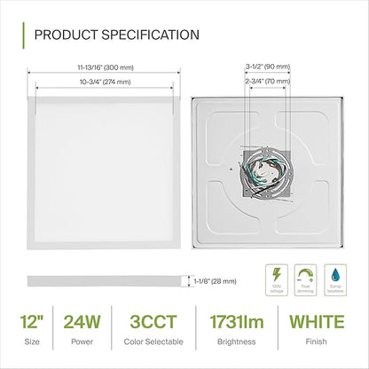 ASD LED 12" Square Flush Mount Ceiling Light Fixture, Low Profile Surface Lighting | 5CCT, Dimmable, Ultra-Thin, ETL Listed | 24W 1700LM 2700-6000K 120V | Kitchen, Bedroom, Hallway Lamp | White