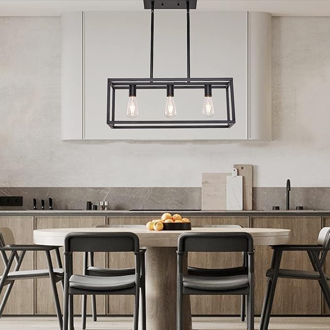 Farmhouse Rectangle Chandeliers for Dining Rooms, Modern Linear Hanging Light Fixture Matte Black 3-Light Industrial Pendant Lighting for Kitchen Island
