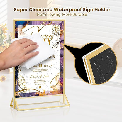 Acrylic Gold Sign Holders 4x6, 2 Pack Wedding Gold Table Number Holders, Double Sided Photo Display Picture Frame Paper Stand, Clear Flyer Stand Menu Holder for Wedding, Home, Party, Restaurant