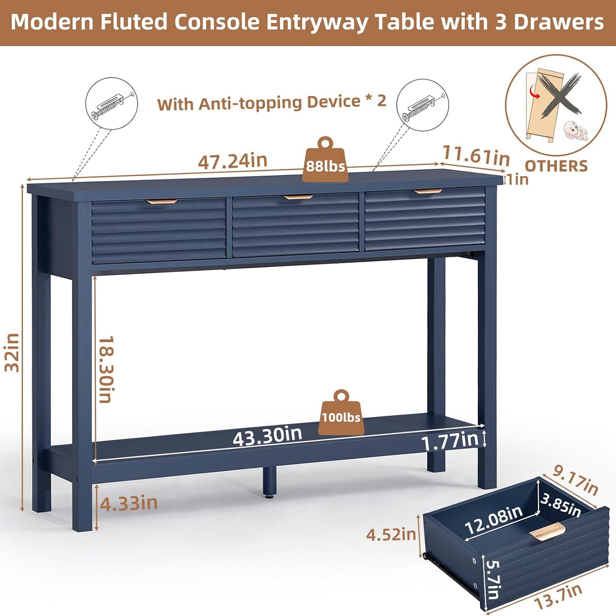 LEYAOYAO Fluted 47.2" Console Table with 3 Drawers, Modern Wood 2 Tier Entryway Table with Open Storage Shelf, Sofa Entry Tables Behind Couch for Living Room, Hallway, Entrance Foyer, Dark Navy Blue
