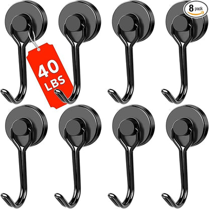 DIYMAG Black Magnetic Hooks, 40LBS Strong Magnetic Hooks Heavy Duty, Strong Magnet Hooks with Metal Hanger for Hanging Refrigerator Home Kitchen Office, 8Pack