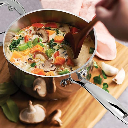 Rorence Stainless Steel Sauce pan: Saucepan with Pour Spouts, Capsule Bottom & Tempered Glass Lid - 2.5 Quart
