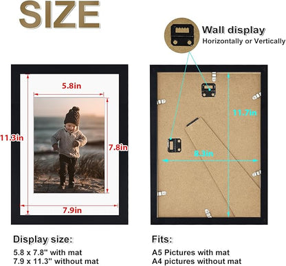 KINLINK A4 Picture Frame, Black Solid Wood Frames with Acrylic Plexiglass for Pictures A5 with Mat or A4 without Mat, Tabletop and Wall Mounting Display 4 Pack
