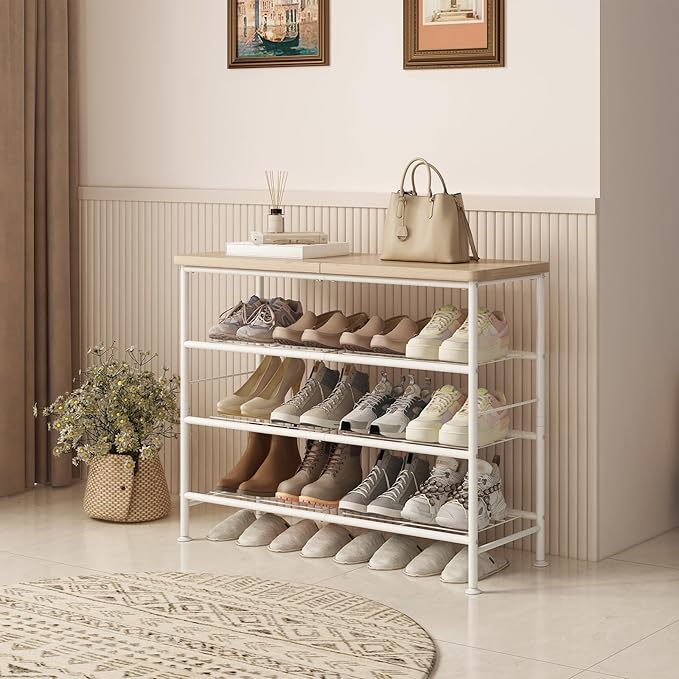 Shoe Rack Organizer 4 Tier for Closet Entryway Free Standing Metal Storage Shoe Shelf with MDF Top Board，White+Oak