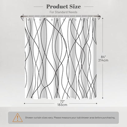 Punkray Black and White Striped Wavy Line Polyester Shower Curtain for Bathroom, Extra Long 84 Inches, Weighted Hem, Waterproof Bath Accessories - Machine Washable