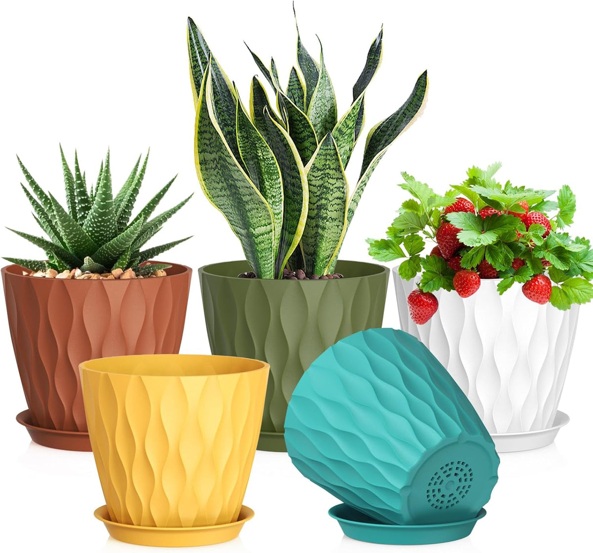7 inch Plant Pots for Indoor Outdoor Plants, 5 Pack Thick Nursery Pots with Drainage Holes and Saucers, 3D Modern Wave Texture Plastic Planter Pots for Flowers and House Plants, Multicolor