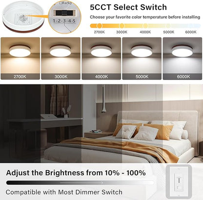 LED Ceiling Light Dimmable, White and Wood Flush Mount Ceiling Light Fixture 5CCT in One, Minimalist Round Ceiling Lamp Modern Lighting for Kitchen, Bedroom, Hallway, Laundry Room, 11.8 Inch