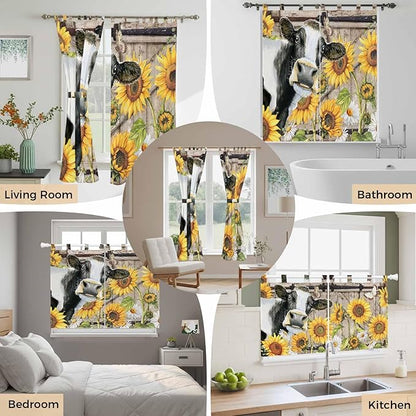 Retro Farmhouse Flower Bedroom Curtains 72 Inch Length, Window Curtains Tab Top, Yellow Sunflowers Cow Barn Doors Brown Light Filtering Window Treatments Drapes 52"x72" 2 Panel