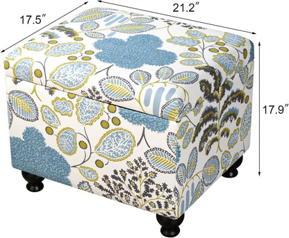 Adeco Colorful Storage Ottoman with Storage, 21" Linen Fabric Ottoman Foot Rest Stool with Hinged Lid with Blue Leaf Pattern, 360 LB Load Capacity, Living Room, Bedroom, Entryway