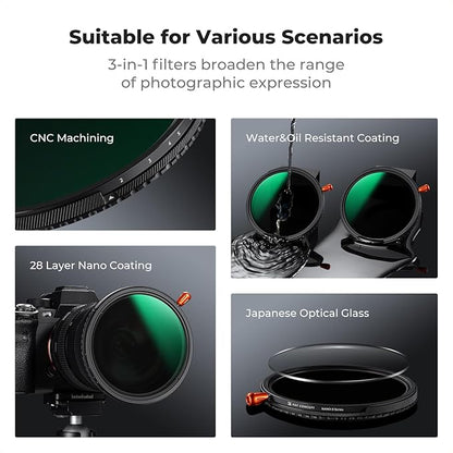 K&F CONCEPT 62mm Black Diffusion Mist Effect 1/4 & Variable ND2-32(1-5 Stops) & Circular Polarizing Filter CPL-in 1 HD Lens Filter with 28 Multi-Coatings for Camera Lenses (Nano-X Series)