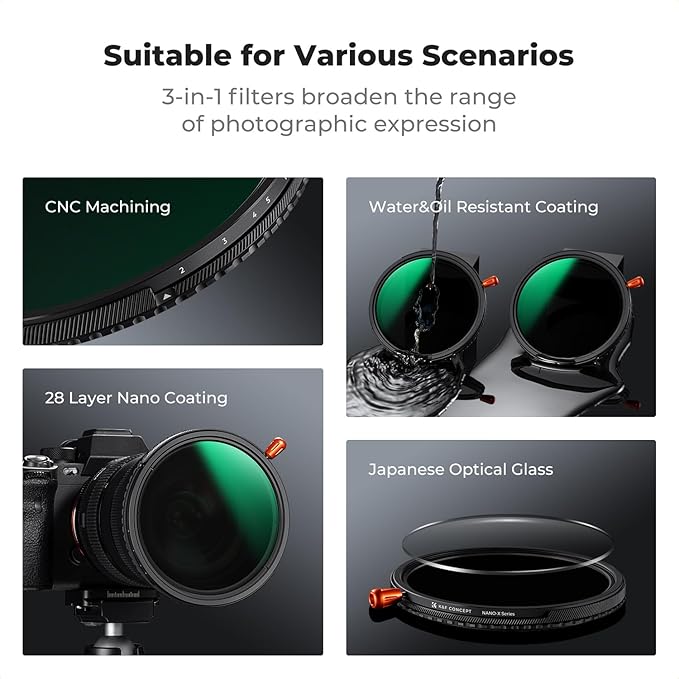 K&F CONCEPT 72mm Black Diffusion Mist Effect 1/4 & Variable ND2-32(1-5 Stops) & Circular Polarizing Filter CPL-in 1 HD Lens Filter with 28 Multi-Coatings for Camera Lenses (Nano-X Series)