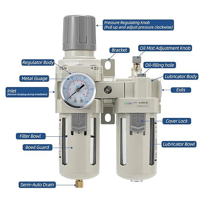 3/4" NPT Air Compressor Filter Regulator Lubricator (FRL) Unit,air Pressure Regulator with Pressure Gauge (0-150 PSI),Quick Release Bowl,Bracket