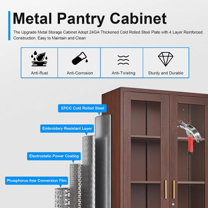 Polup Glass Display Cabinet, Display Case with Glass Doors and Shelves, Metal Curio Cabinets with Locking, 71" Tall Bookcase with Glass Doors for Home, School, Clinic (Wood Color)- Assemble Required