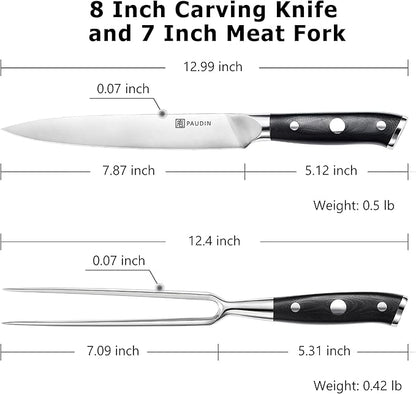 PAUDIN Carving Knife Set - 8" German Steel Turkey Carving Knife and Fork Set With Ergonomic Handle, Full Tang For Meat, Brisket