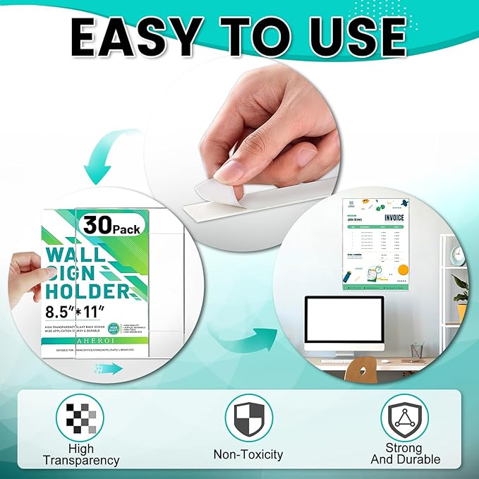Aheroi 30Pcs Acrylic Sign Holder 8.5 x 11, Clear Wall Sign Holder 8.5 x 11 Wall Mount with 60 Tape, No Drilling Acrylic Wall Frame Paper Holder Document Holder for Office Home Restaurant
