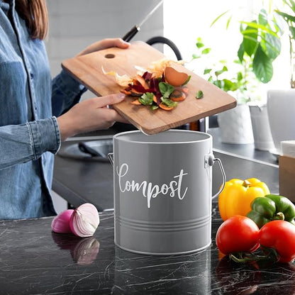 Gray Compost Bin Kitchen, 1.3 Gallon Farmhouse Kitchen Compost Bin Countertop with Lid and Charcoal Filters, Indoor Compost Bucket for Decor and Accessories