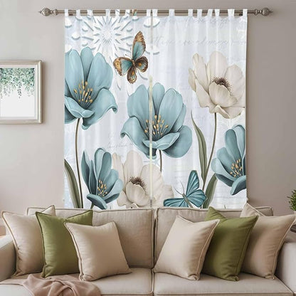 Blue Tulips Living Room Curtains 84 Inch Length, Window Curtains Tab Top, Watercolor Flowers Butterfly Spring Farmhouse Blue Light Filtering Window Treatments Drapes 52"x84" 2 Panel