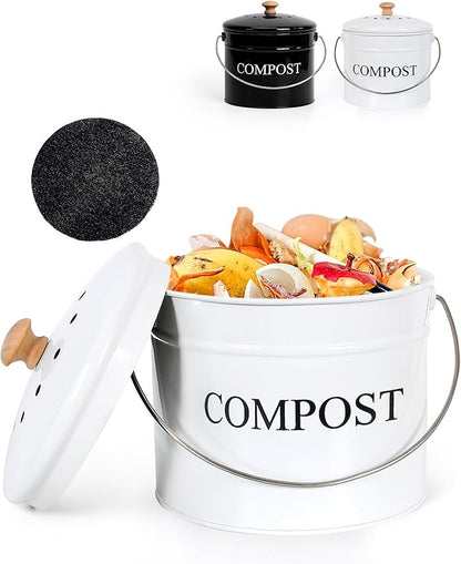 Compost Bin - 1 Gallon Countertop Composter with Lid, Charcoal Filters, Rust Proof Indoor Food Waste Bin