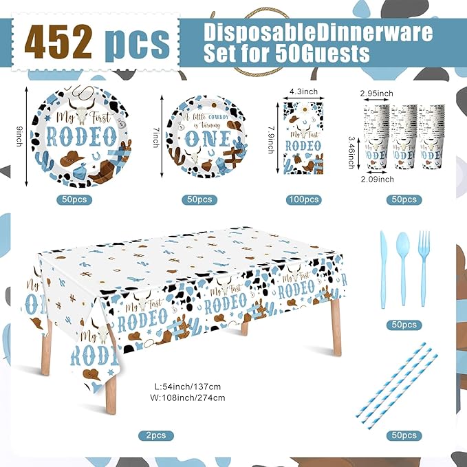 452 Pcs First Rodeo Decorations Boy, Blue Western Cowboy Paper Plates Napkins Cups Tablecloth Cutlery Straws for My 1st Rodeo Birthday Party Baby Shower Decorations Supplies for 50 Guests
