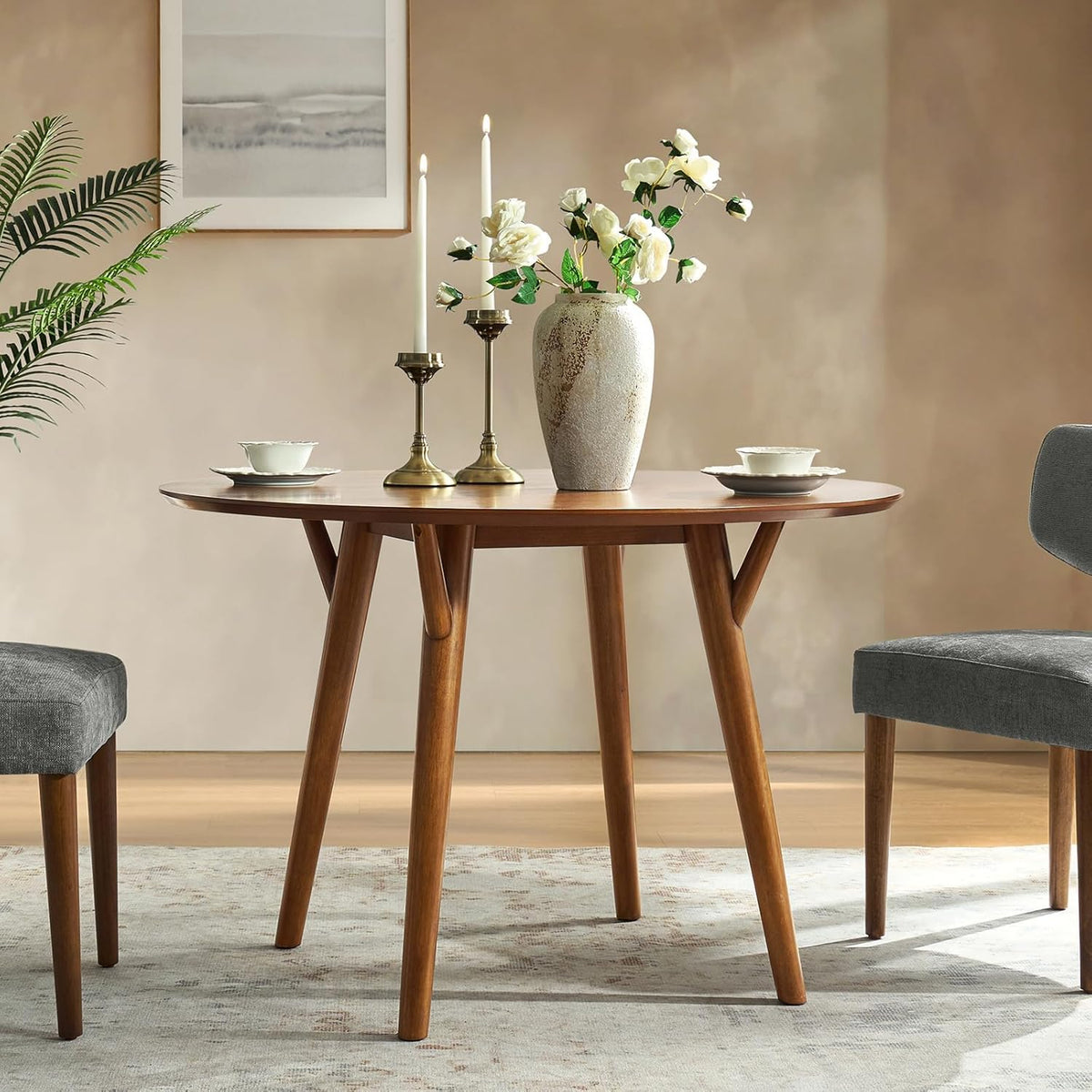 HULALA HOME Round Dining Table for 4, 45” Solid Wood Kitchen Dining Room Table, Small Dinner Coffee Writing Table for Kitchen Cafe Space Saving, Acorn