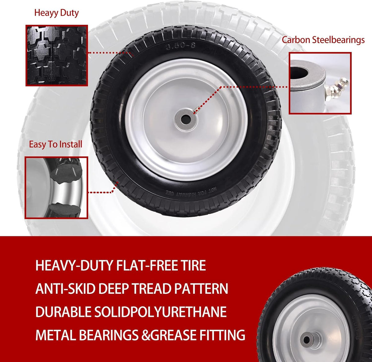 14.5" Wheelbarrow Tire, 3.50-8" Flat-free Solid Tire and Wheel with 3" -7" Centered Hub and 5/8" & 3/4"Bearings for Wheelbarrow Trolley Dolly Lawn Mover Go Kart Replacement (2-Pack)