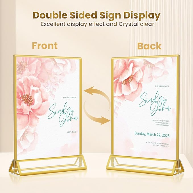 Acrylic Gold Sign Holders 4x6, 12 Pack Wedding Gold Table Number Holders, Double Sided Photo Display Picture Frame Paper Stand, Clear Flyer Stand Menu Holder for Wedding, Home, Party, Restaurant